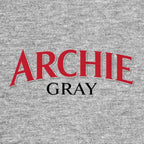Archie Gray Logo Men's Hoodie – grey close-up detail shot of the Archie Gray Players Couture logo design