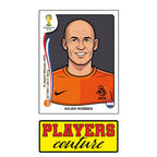 Arjen Robben World Cup Sticker Men's T-Shirt – close-up detail shot of the Arjen Robben World Cup Players Couture logo design