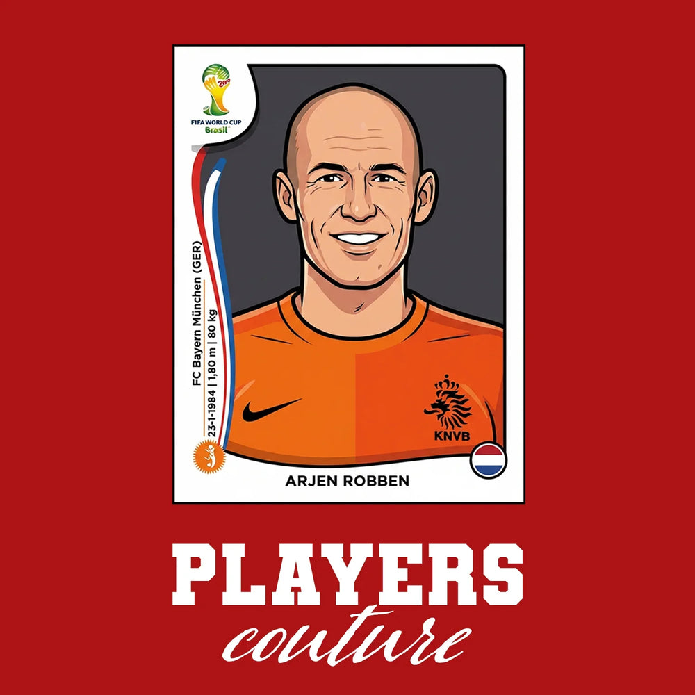 Arjen Robben World Cup Sticker Men's T-Shirt – red close-up detail shot of the Arjen Robben World Cup Players Couture logo