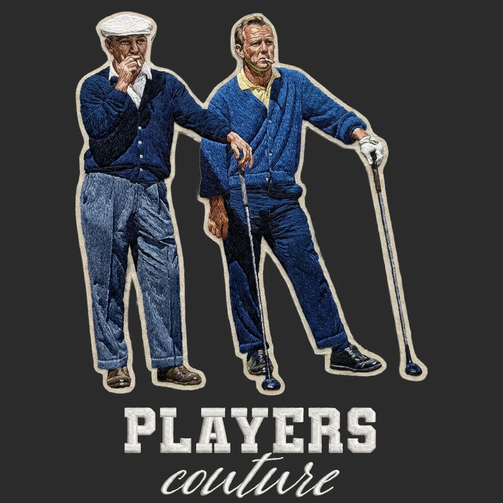Arnold Palmer & Ben Hogan Badge Men's T-Shirt – black close-up detail shot of the Arnold Palmer & Ben Hogan Players Couture