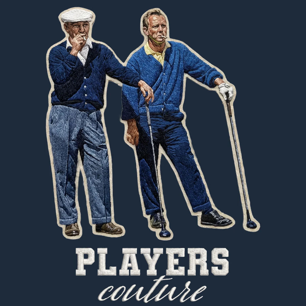 Arnold Palmer & Ben Hogan Badge Men's T-Shirt – navy close-up detail shot of the Arnold Palmer & Ben Hogan Players Couture