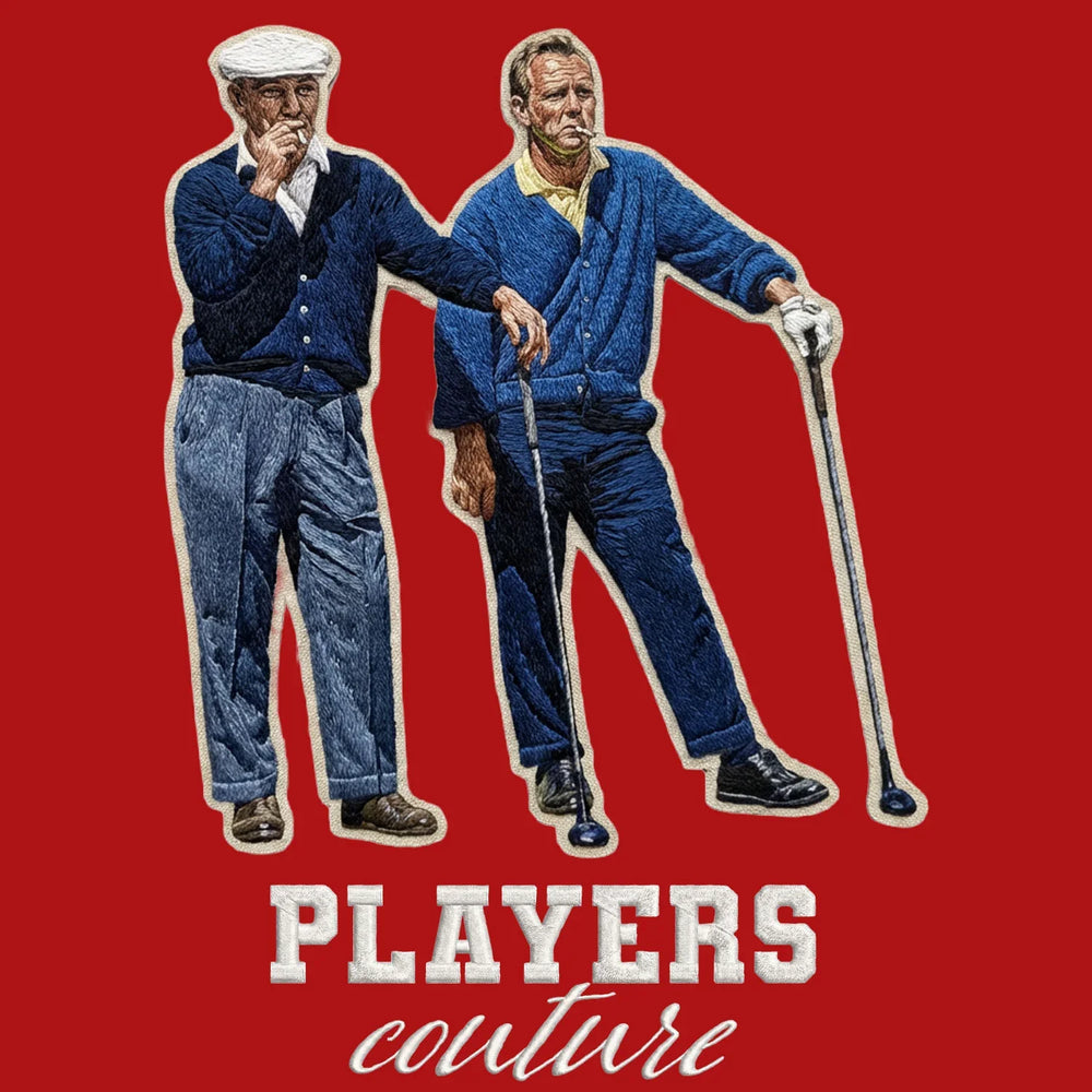 Arnold Palmer & Ben Hogan Badge Men's T-Shirt – red close-up detail shot of the Arnold Palmer & Ben Hogan Players Couture