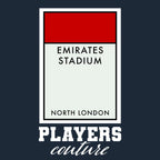 Arsenal Monopoly Card t-shirt – navy men's t-shirt with white Arsenal Monopoly Card letters and Players Couture logo on the