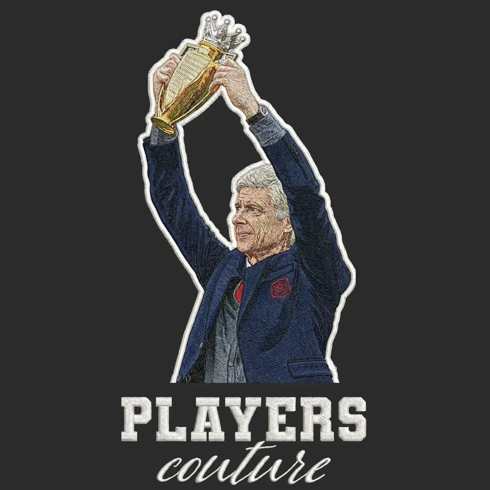 Arsene Wenger Badge Men's Hoodie – black close-up detail shot of the Arsene Wenger Players Couture logo design