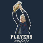 Arsene Wenger Badge Men's Hoodie – navy close-up detail shot of the Arsene Wenger Players Couture logo design