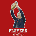 Arsene Wenger Badge Men's Hoodie – red close-up detail shot of the Arsene Wenger Players Couture logo design