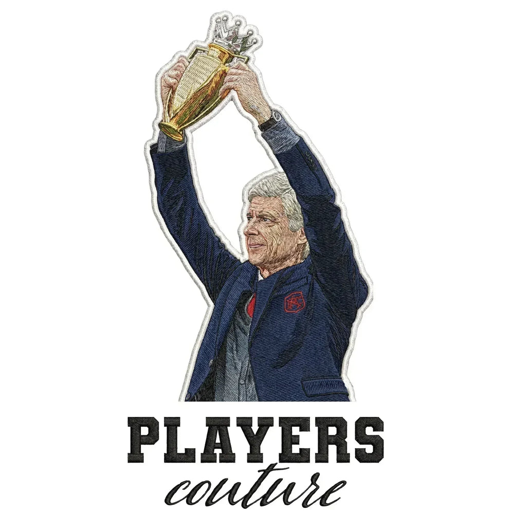 Arsene Wenger Badge Men's Hoodie – white close-up detail shot of the Arsene Wenger Players Couture logo design