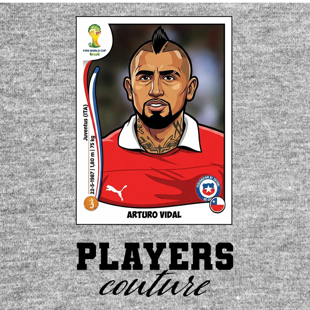 Arturo Vidal World Cup Sticker Men's T-Shirt – grey close-up detail shot of the Arturo Vidal World Cup Players Couture logo