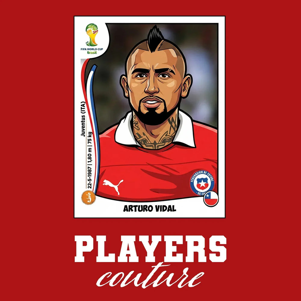 Arturo Vidal World Cup Sticker Men's T-Shirt – red close-up detail shot of the Arturo Vidal World Cup Players Couture logo