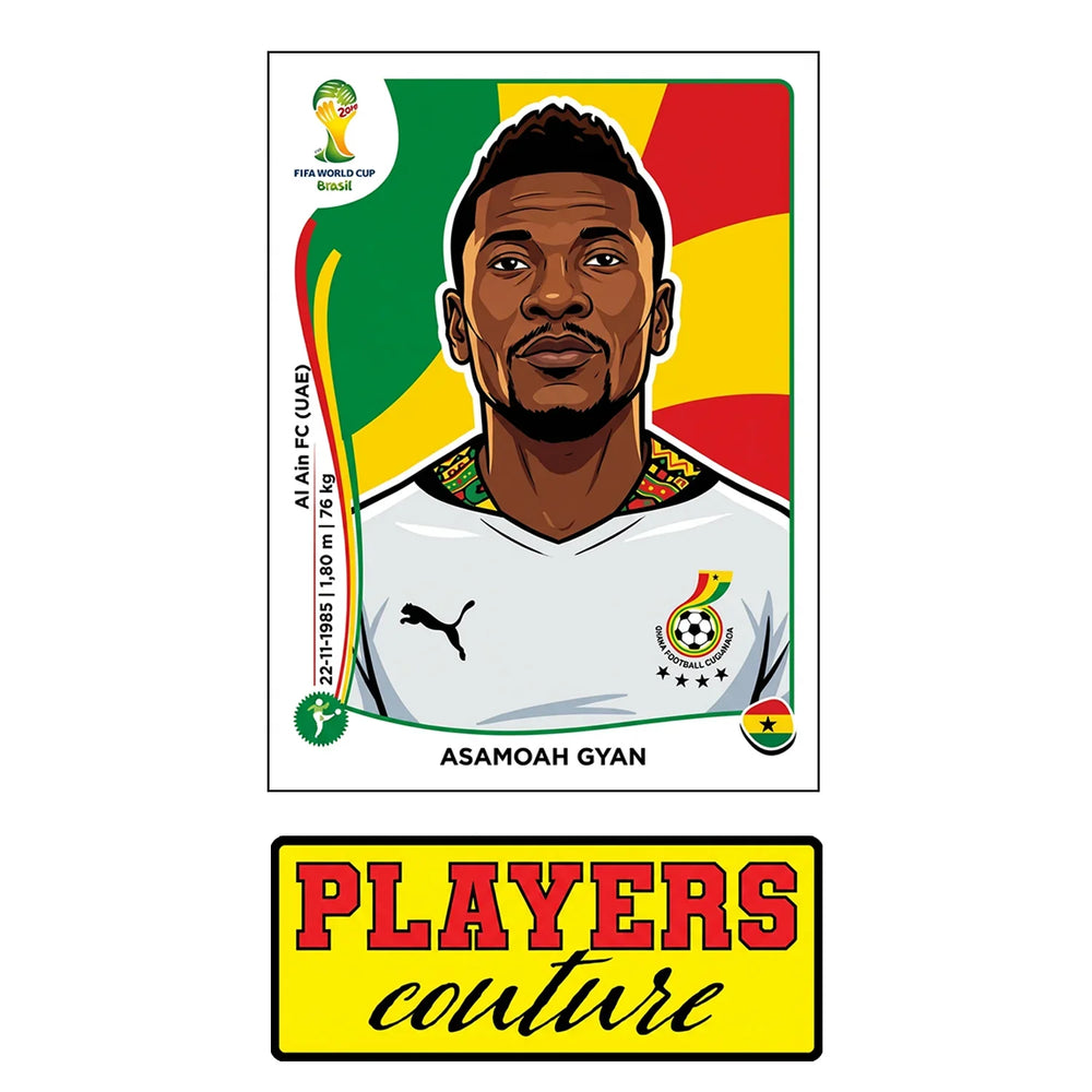 Asamoah Gyan World Cup Sticker Men's T-Shirt – close-up detail shot of the Asamoah Gyan World Cup Players Couture logo design