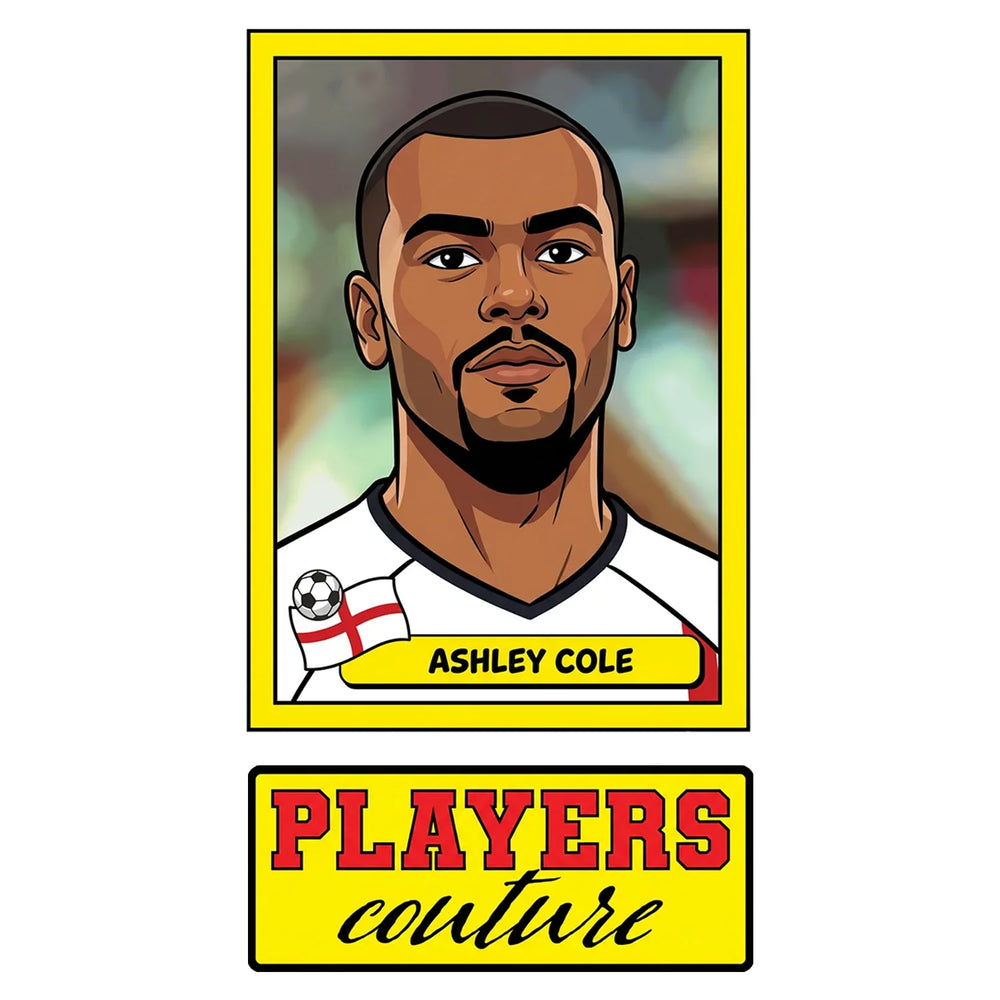 Ashley Cole World Cup Sticker Men's T-Shirt – close-up detail shot of the Ashley Cole World Cup Players Couture logo design