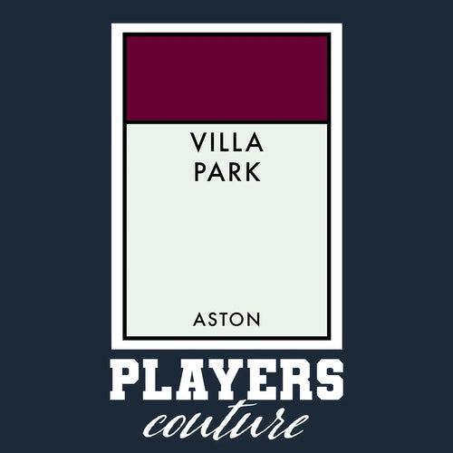 Aston Villa Monopoly Card t-shirt – navy men's t-shirt with white Aston Villa Monopoly Card letters and Players Couture logo