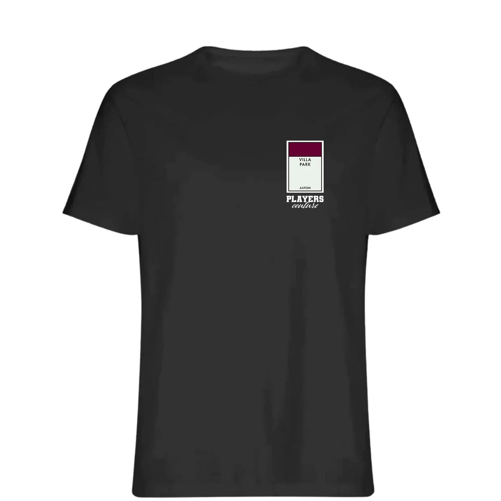Aston Villa Monopoly Card t-shirt – grey men's t-shirt with black Aston Villa Monopoly Card letters and Players Couture logo
