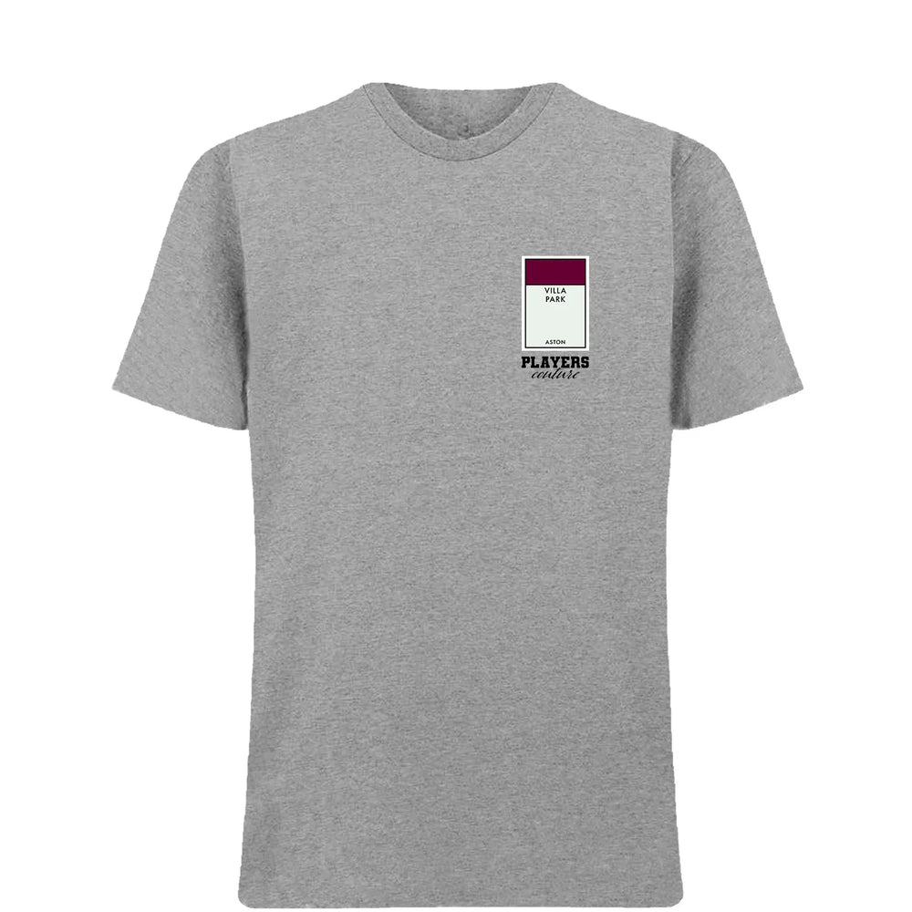 Aston Villa Monopoly Card t-shirt – close-up of white Aston Villa Monopoly Card lettering and Players Couture logo on the