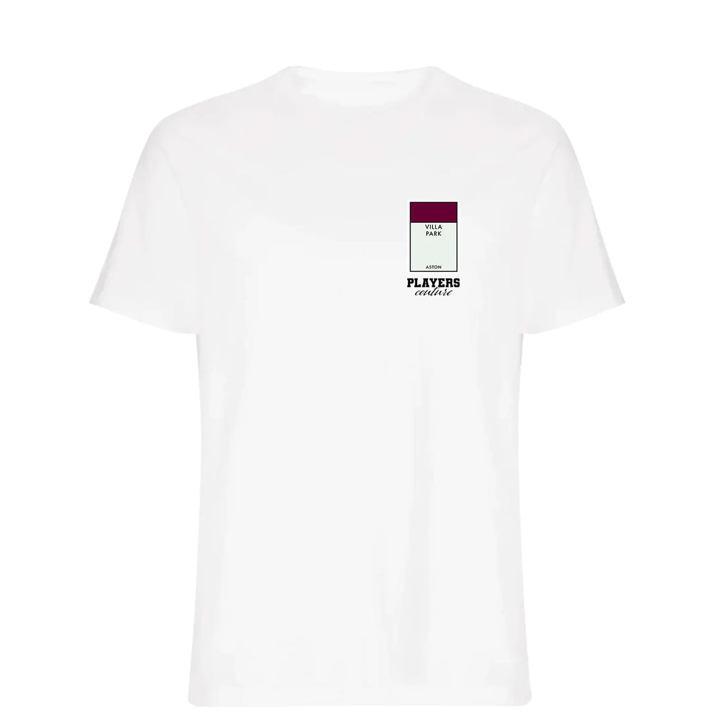 Aston Villa Monopoly Card t-shirt – navy men's t-shirt with white Aston Villa Monopoly Card letters and Players Couture logo