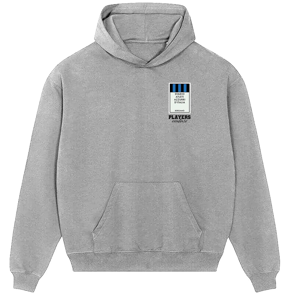 Atalanta Monopoly Card hoodie – close-up of white Atalanta Monopoly Card lettering and Players Couture logo on the chest