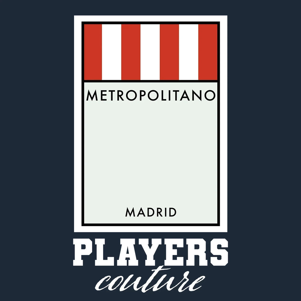 Atletico Madrid Monopoly Card t-shirt – navy men's t-shirt with white Atletico Madrid Monopoly Card letters and Players