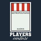 Atletico Madrid Monopoly Card t-shirt – navy men's t-shirt with white Atletico Madrid Monopoly Card letters and Players