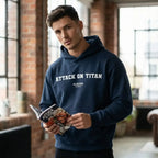 Attack on Titan hoodie – navy men's hoodie with white Attack on Titan letters and Players Couture logo on the chest