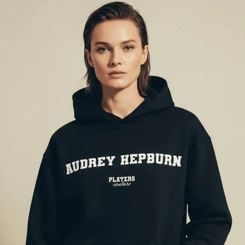 Audrey Hepburn hoodie – navy men's hoodie with white Audrey Hepburn letters and Players Couture logo on the chest