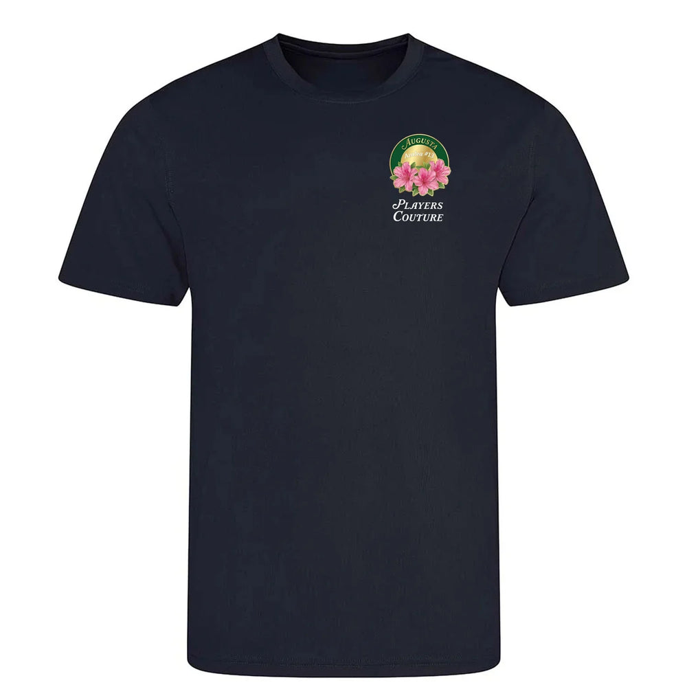 Azalea Augusta Golf Ball Marker t-shirt – navy men's t-shirt with white Azalea Augusta Golf Ball Marker letters and Players