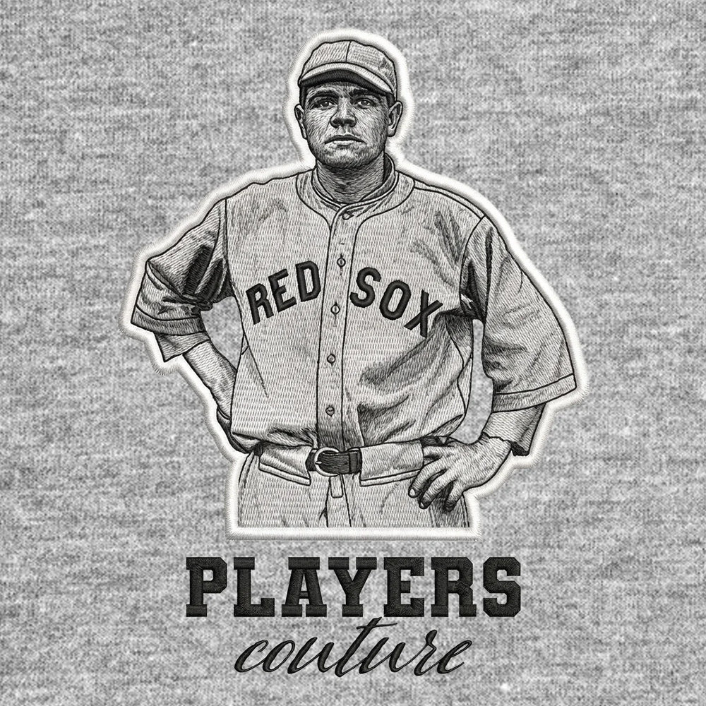 Babe Ruth Red Sox Badge Men's Hoodie – black close-up detail shot of the Babe Ruth Red Sox Players Couture logo design