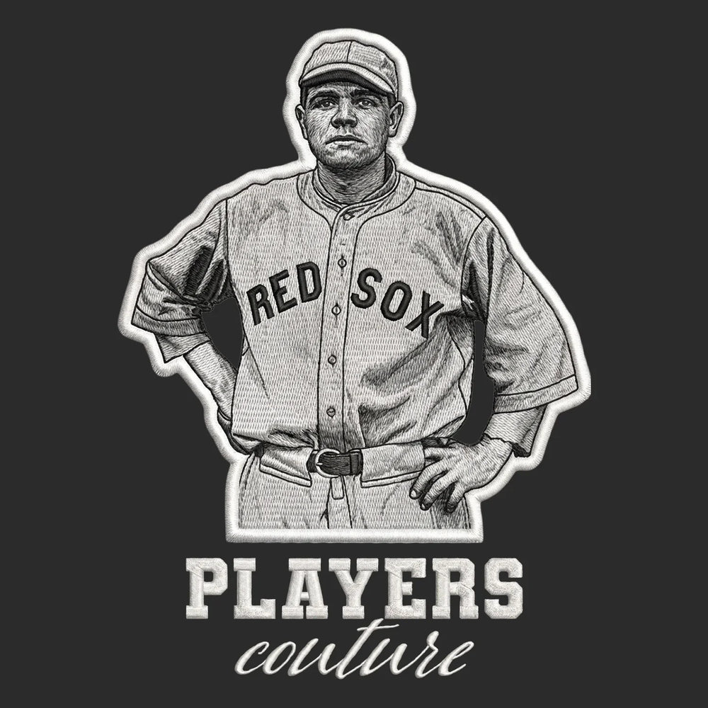 Babe Ruth Red Sox Badge Men's Hoodie – white close-up detail shot of the Babe Ruth Red Sox Players Couture logo design