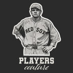 Babe Ruth Red Sox Badge Men's Hoodie – white close-up detail shot of the Babe Ruth Red Sox Players Couture logo design