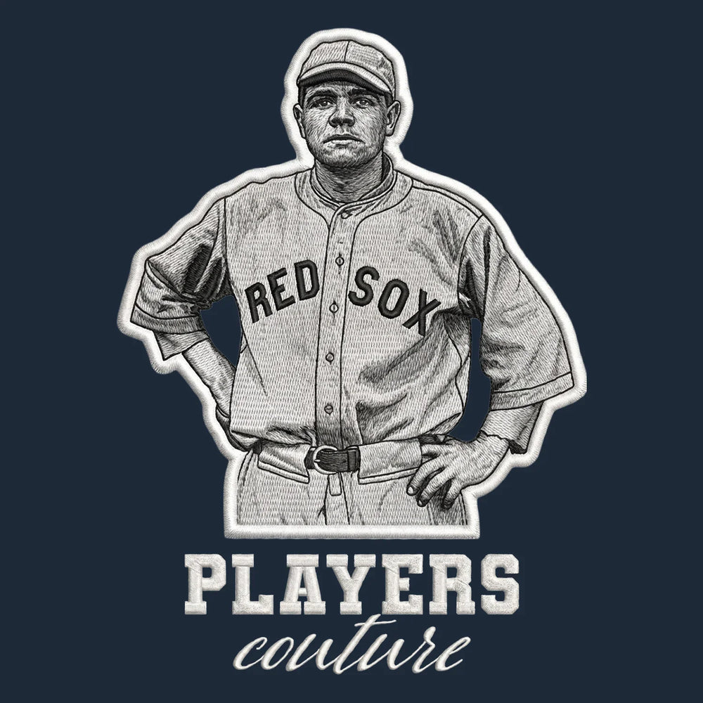 Babe Ruth Red Sox Badge Men's Hoodie – white close-up detail shot of the Babe Ruth Red Sox Players Couture logo design