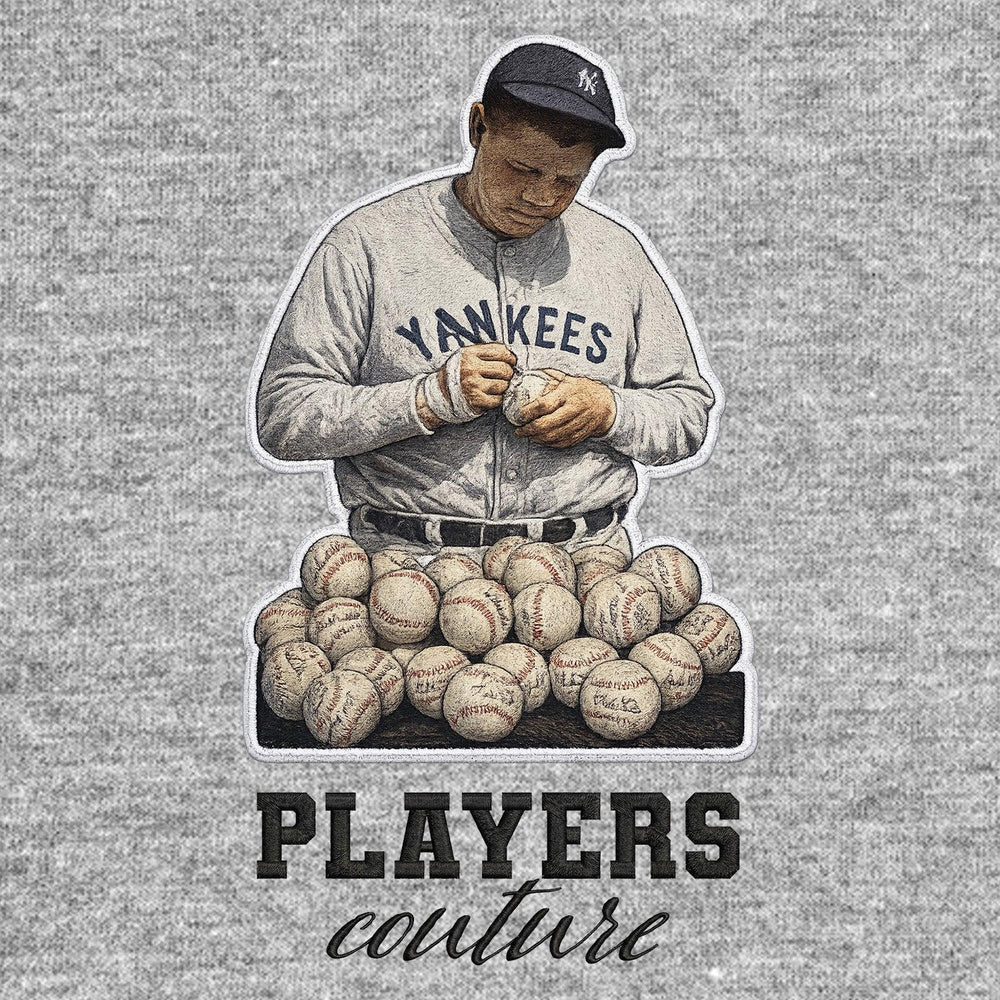 Babe Ruth Yankees Badge Men's Hoodie – black close-up detail shot of the Babe Ruth Yankees Players Couture logo design