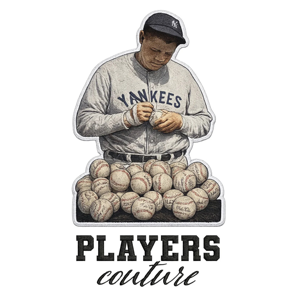 Babe Ruth Yankees Badge Men's Hoodie – black close-up detail shot of the Babe Ruth Yankees Players Couture logo design