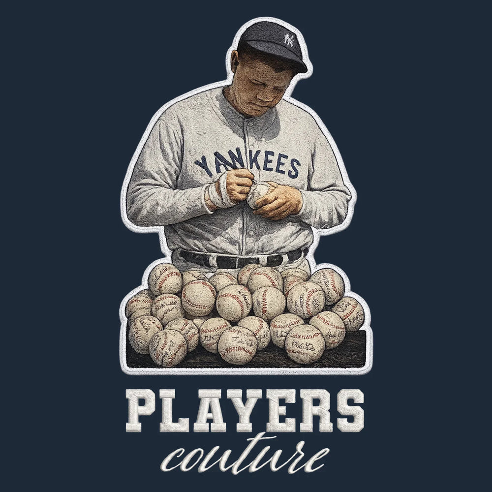 Babe Ruth Yankees Badge Men's Hoodie – white close-up detail shot of the Babe Ruth Players Couture logo design
