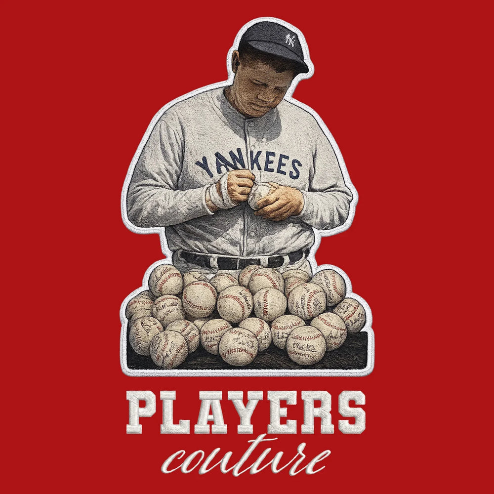 Babe Ruth Yankees Badge Men's Hoodie – white close-up detail shot of the Babe Ruth Yankees Players Couture logo design