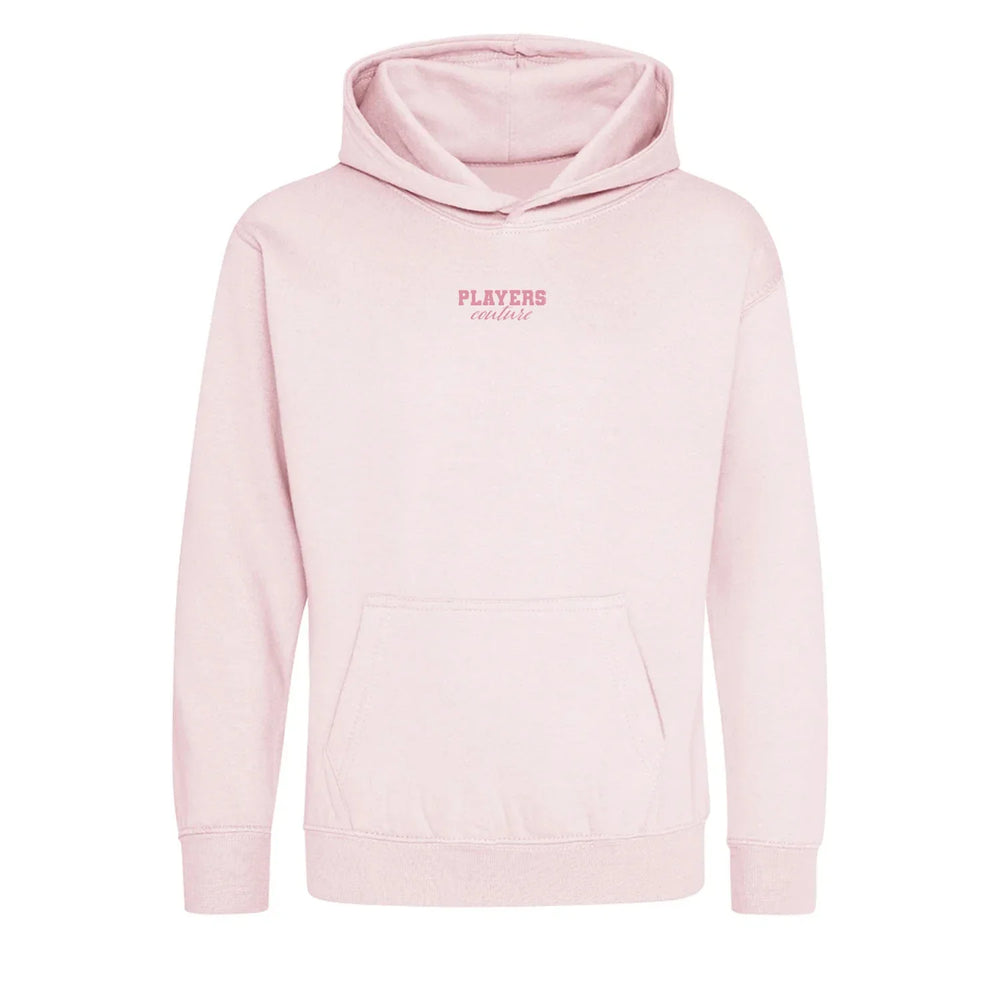 Essentials Collection hoodie – pink kids' hoodie with black Essentials Collection letters and Players Couture logo on the