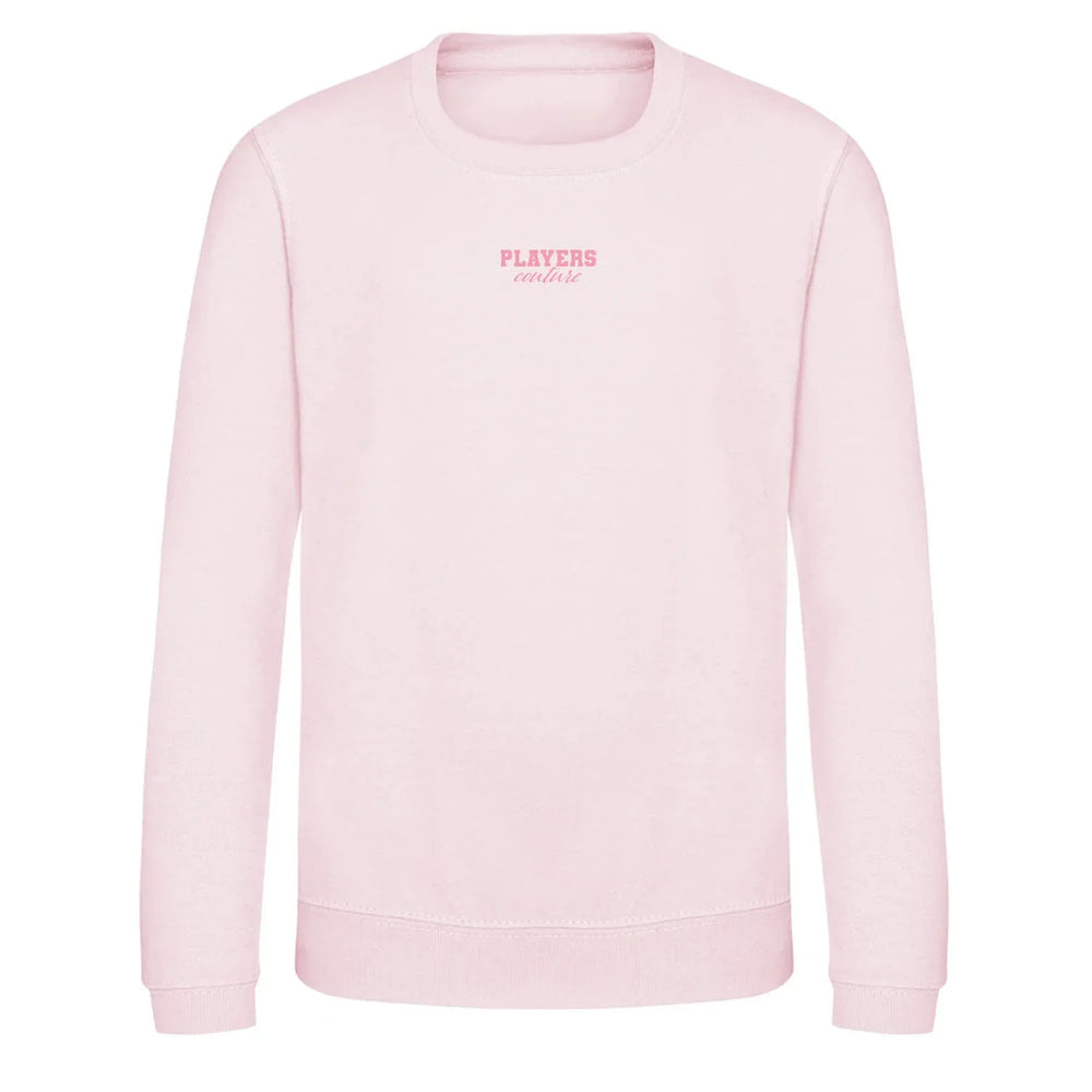 Essentials Collection hoodie – pink kids' hoodie with black Essentials Collection letters and Players Couture logo on the