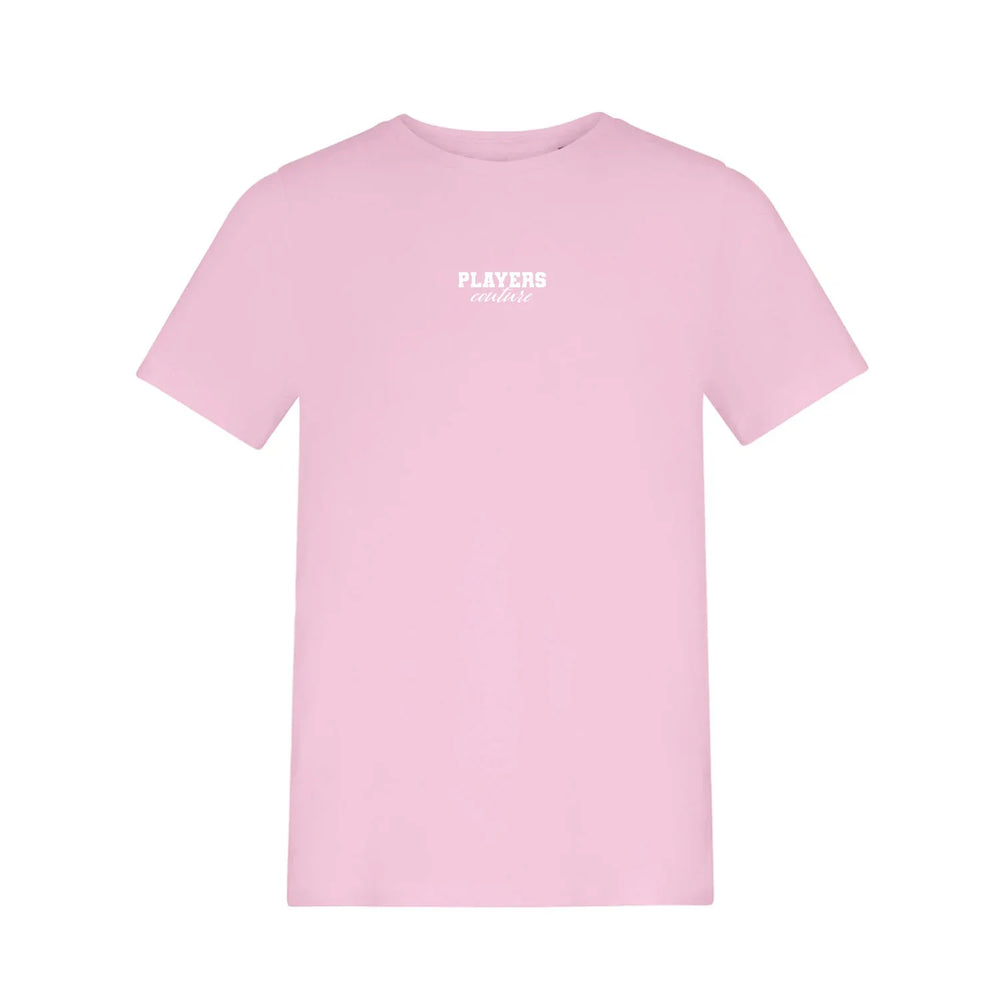 Essentials Collection t-shirt – pink kids' t-shirt with black Essentials Collection letters and Players Couture logo on the