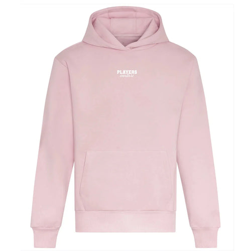 Essentials Collection hoodie – pink men's hoodie with black Essentials Collection letters and Players Couture logo on the