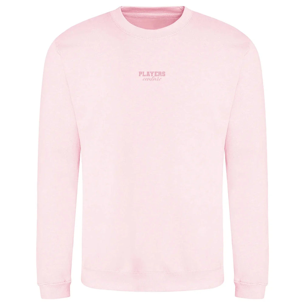 Essentials Collection hoodie – pink men's hoodie with black Essentials Collection letters and Players Couture logo on the