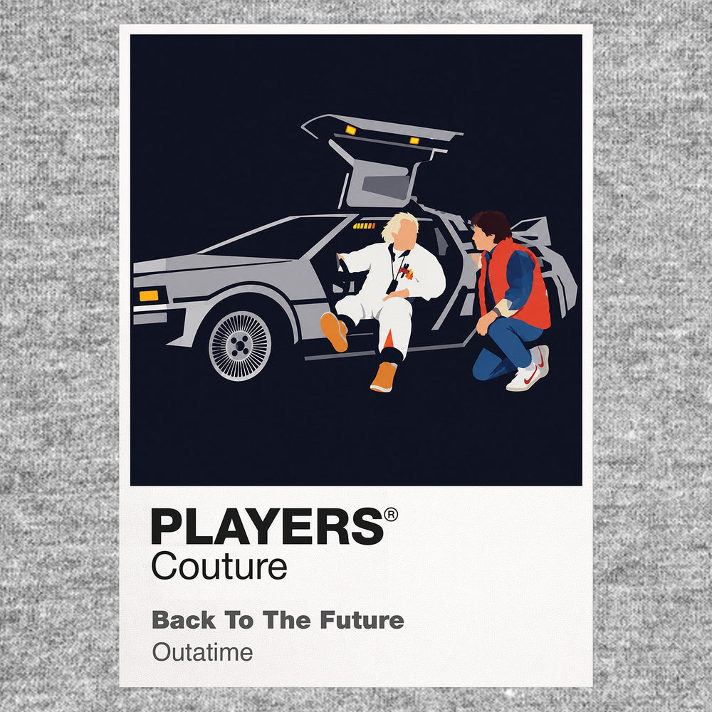 Back to the Future Marty McFly, Doc Brown and the DeLorean reaching 88 miles per hour Icon Frame artwork in grey