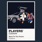 Back to the Future Marty McFly, Doc Brown and the DeLorean reaching 88 miles per hour Icon Frame artwork in navy