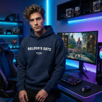 Baldur’s Gate hoodie – navy men's hoodie with white Baldur’s Gate letters and Players Couture logo on the chest