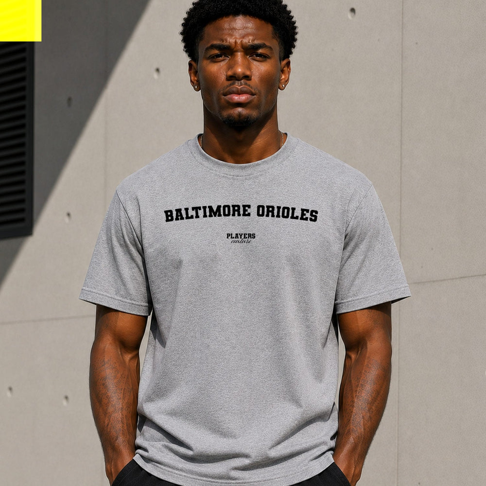 Baltimore Orioles Men's T-Shirt — lifestyle photo, Grey t-shirt