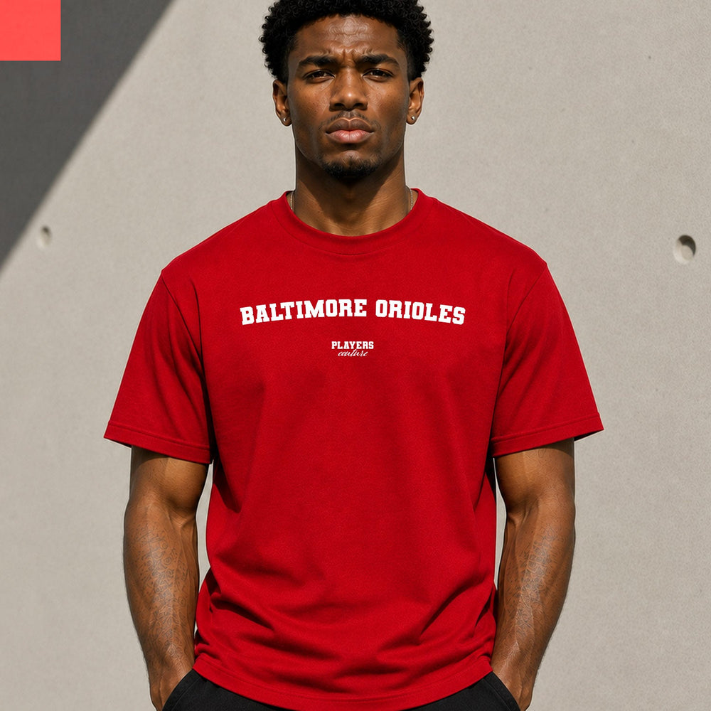 Baltimore Orioles Men's T-Shirt — lifestyle photo, Red t-shirt