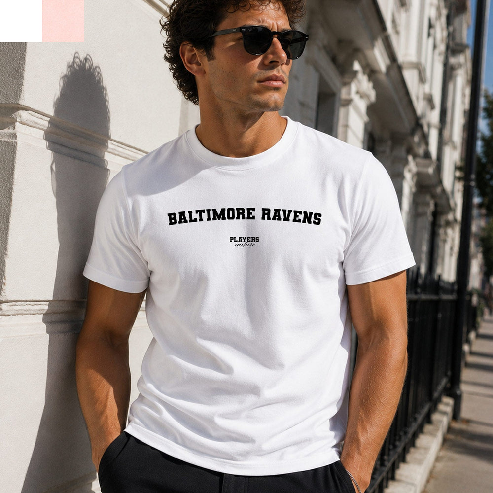 Baltimore Ravens Men's T-Shirt — lifestyle photo, White t-shirt
