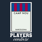 Barcelona Monopoly Card t-shirt – navy men's t-shirt with white Barcelona Monopoly Card letters and Players Couture logo on