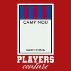 Barcelona Monopoly Card t-shirt – red men's t-shirt with white Barcelona Monopoly Card letters and Players Couture logo on