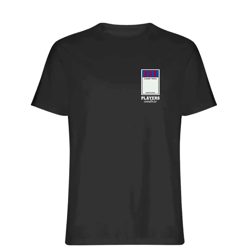 Barcelona Monopoly Card t-shirt – close-up of white Barcelona Monopoly Card lettering and Players Couture logo on the chest
