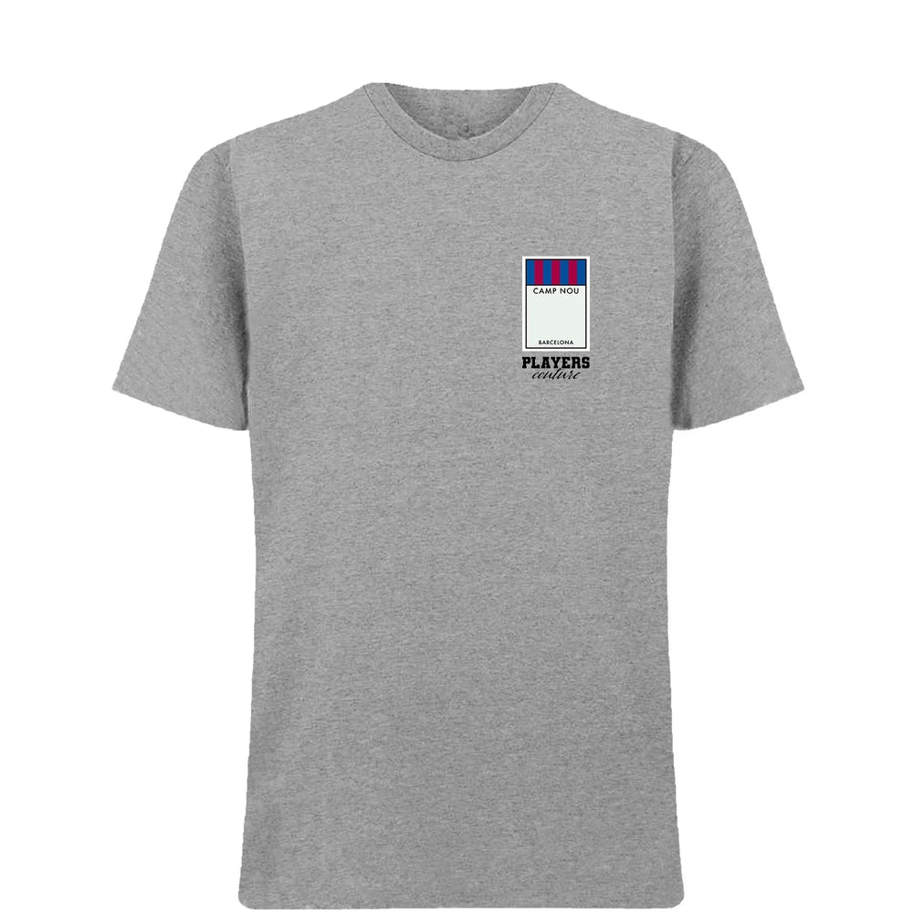 Barcelona Monopoly Card t-shirt – grey men's t-shirt with black Barcelona Monopoly Card letters and Players Couture logo on
