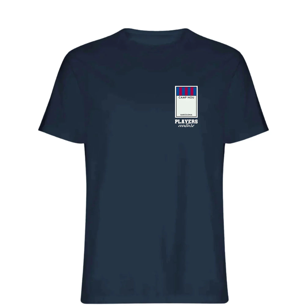 Barcelona Monopoly Card t-shirt – close-up of white Barcelona Monopoly Card lettering and Players Couture logo on the chest