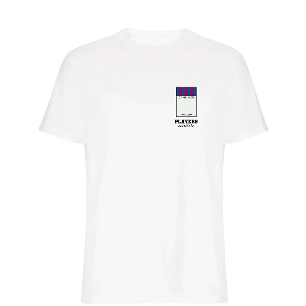Barcelona Monopoly Card t-shirt – red men's t-shirt with white Barcelona Monopoly Card letters and Players Couture logo on